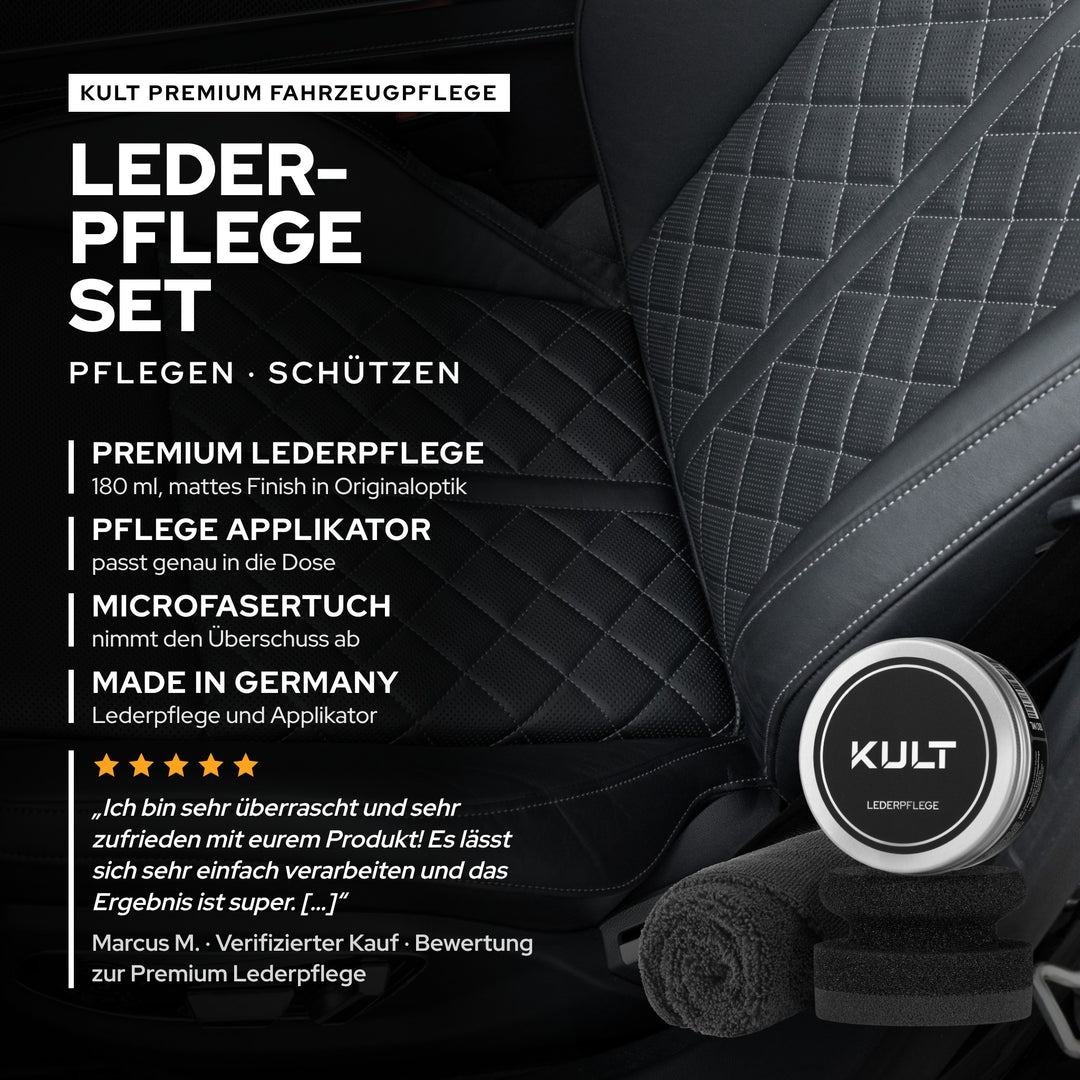 KULT Lederpflege Set: Premium Lederpflege 180 ml, Pflege Applikator und Microfasertuch für Echt- und Kunstleder