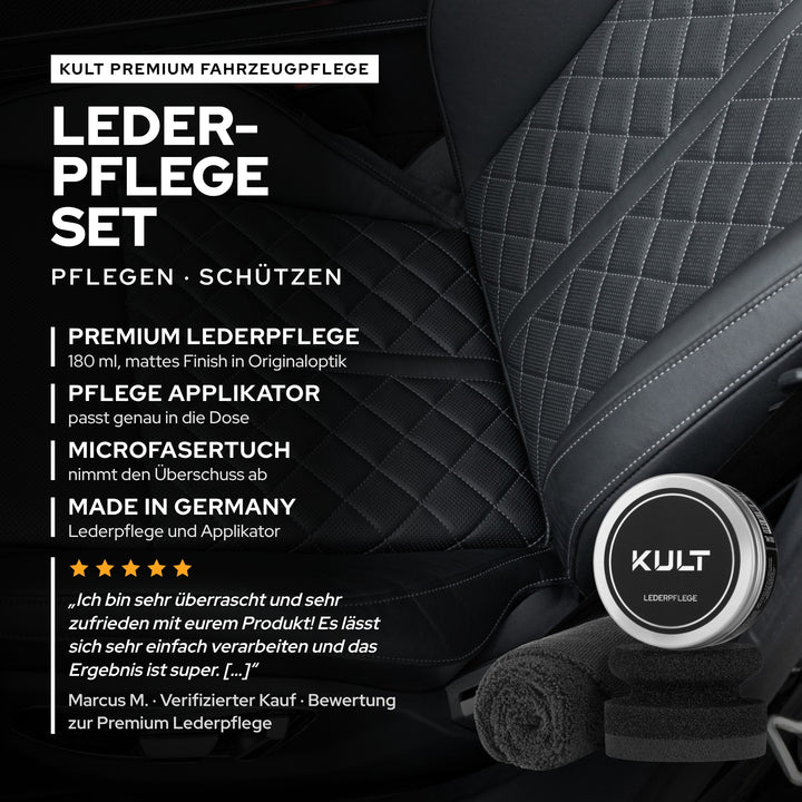 KULT Lederpflege Set: Premium Lederpflege 180 ml, Pflege Applikator und Microfasertuch für Echt- und Kunstleder