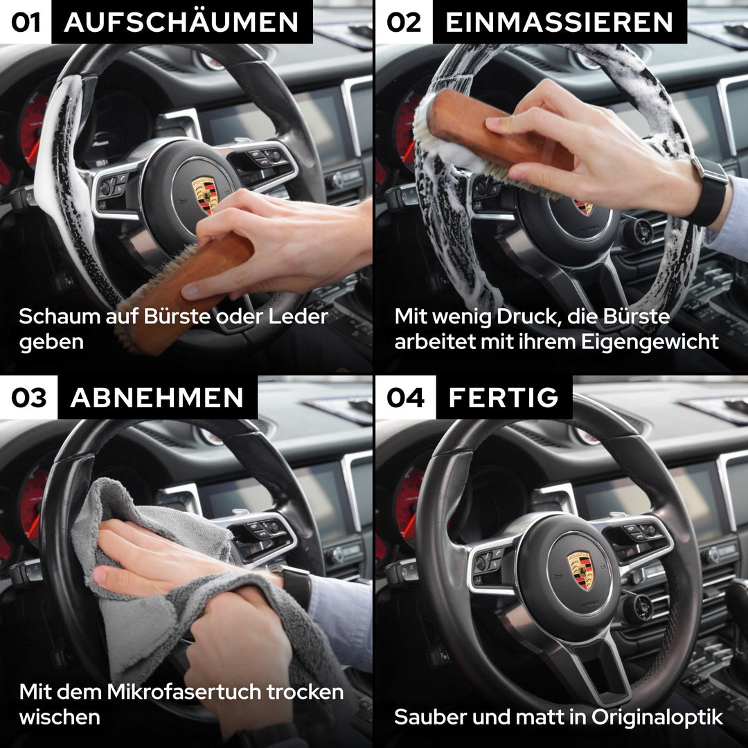 KULT Lederreiniger Anwendung in 4 Schritten: aufschäumen, mit Rosshaarbürste einmassieren, abnehmen, fertig