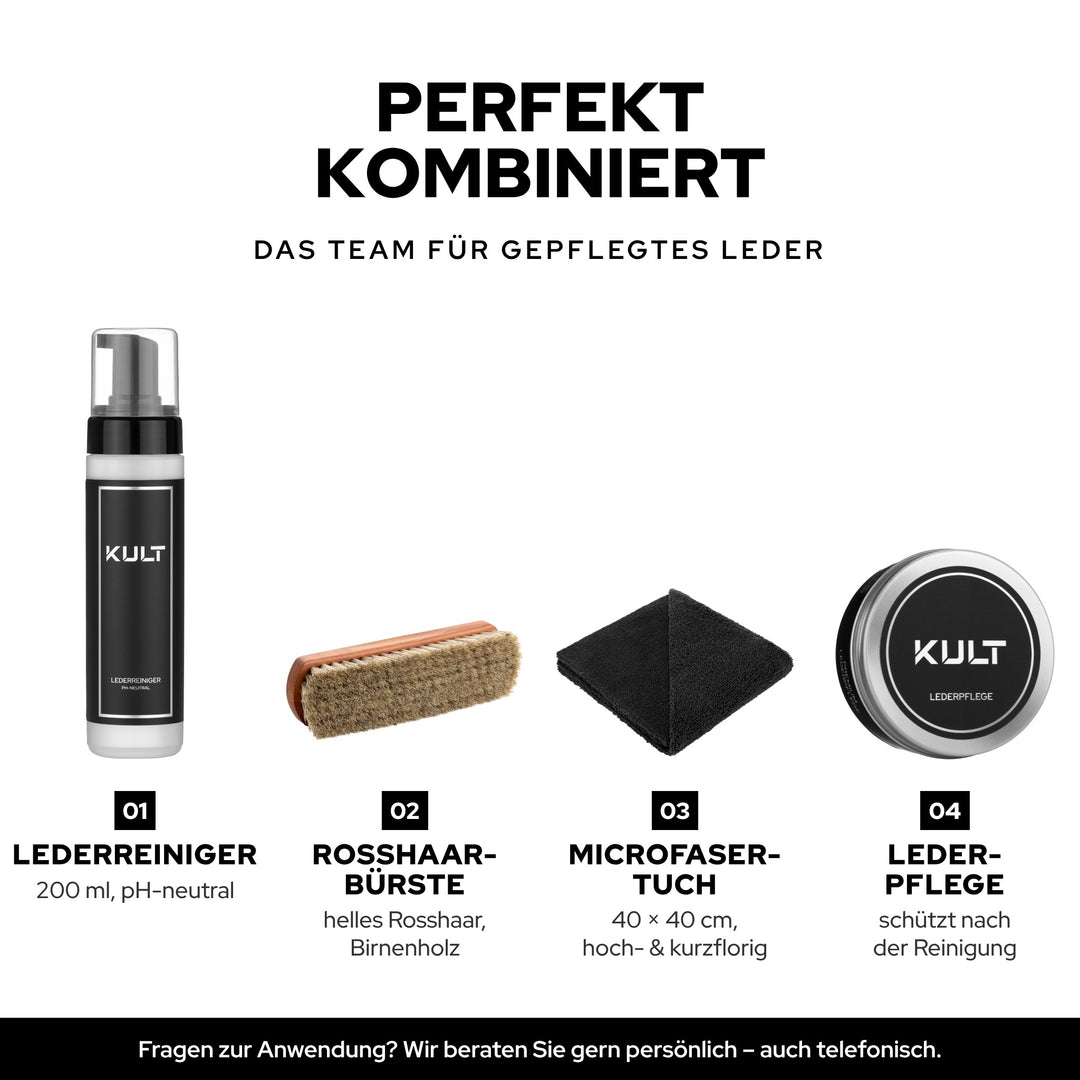 KULT Lederreiniger mit Rosshaarbürste, Premium Microfasertuch und Lederpflege für die komplette Lederpflege