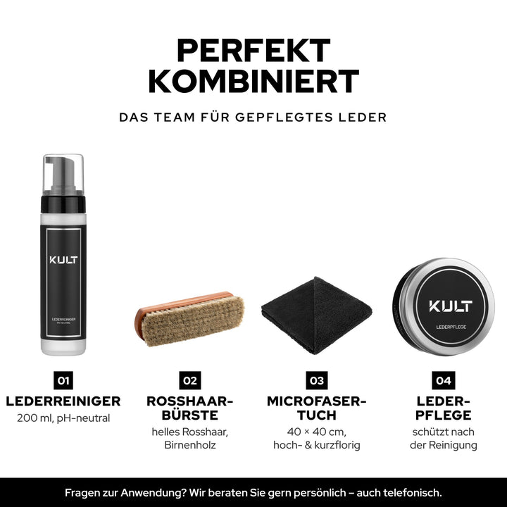 KULT Lederreiniger mit Rosshaarbürste, Premium Microfasertuch und Lederpflege für die komplette Lederpflege