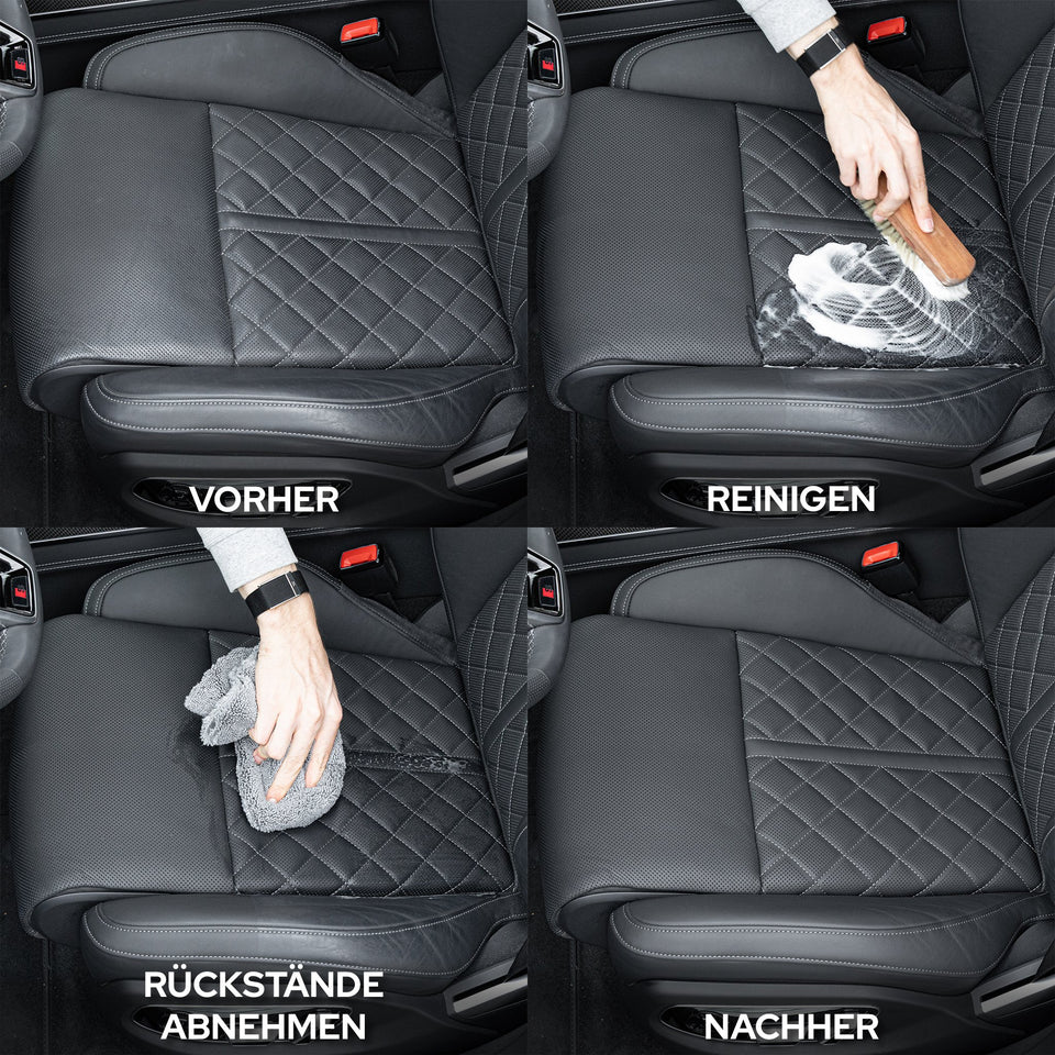 Sitzfläche mit Rautensteppung: vorher, reinigen, Rückstände abnehmen, nachher