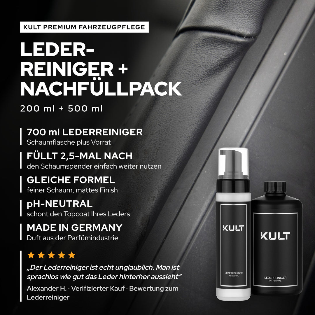 KULT Lederreiniger + Nachfüllpack Set: 200-ml-Schaumflasche und 500-ml-Nachfüllpack, pH-neutral, Made in Germany