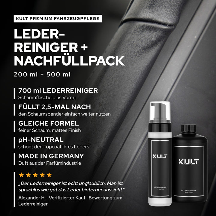 KULT Lederreiniger + Nachfüllpack Set: 200-ml-Schaumflasche und 500-ml-Nachfüllpack, pH-neutral, Made in Germany