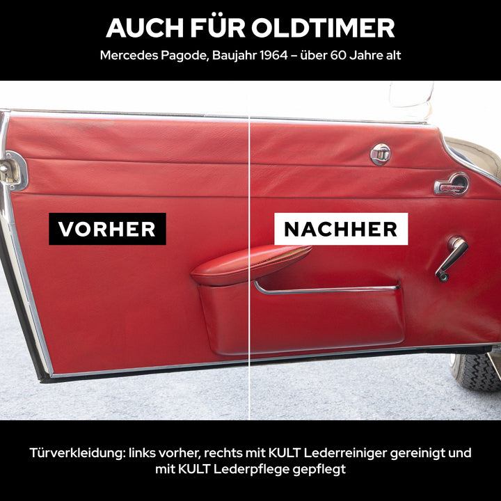 Rote Oldtimer-Türverkleidung: links vorher, rechts mit KULT Lederreiniger gereinigt und gepflegt