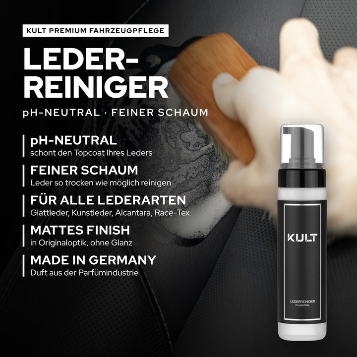 KULT Lederreiniger pH-neutral 200 ml: feiner Schaum für Glattleder, Kunstleder, Alcantara und Race-Tex, Made in Germany