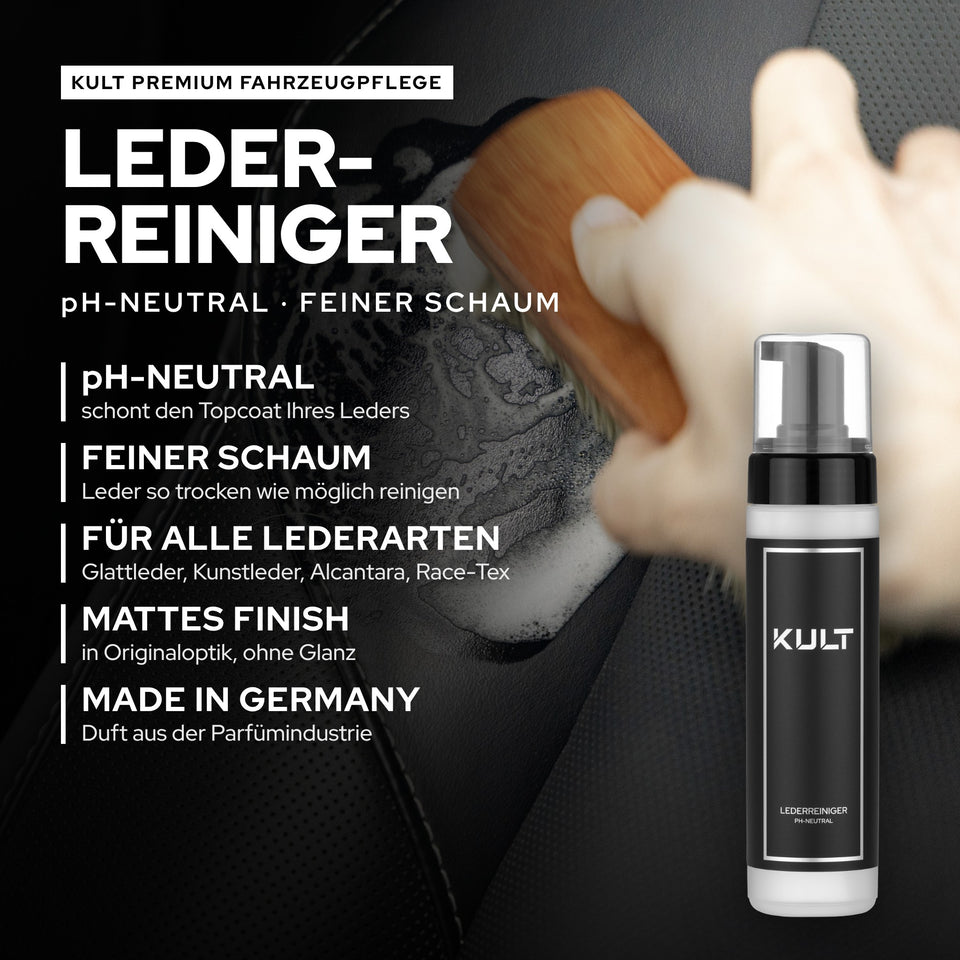 KULT Lederreiniger pH-neutral mit feinem Schaum: Rosshaarbürste mit Schaum, Hinweise zu Topcoat, Lederarten und Finish