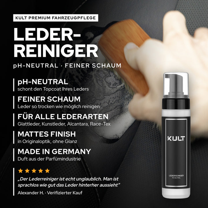 KULT Lederreiniger pH-neutral 200 ml: feiner Schaum für Glattleder, Kunstleder, Alcantara und Race-Tex, Made in Germany