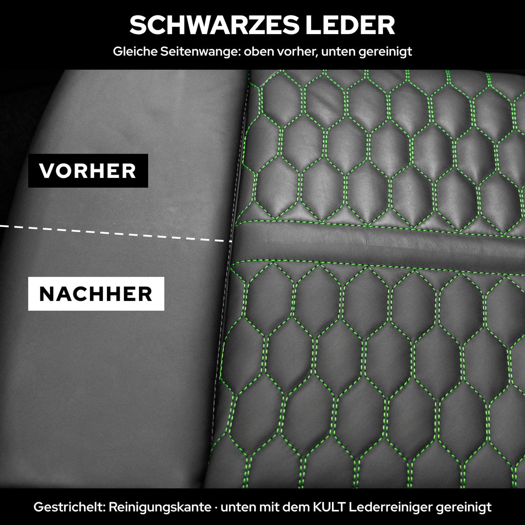 Schwarze Sitzwange: oben grau verschmutzt, unten mit KULT Lederreiniger gereinigt, Kante gestrichelt markiert