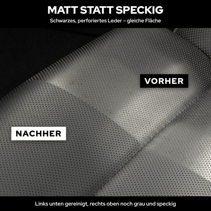 Schwarzes perforiertes Leder: links unten mit KULT Lederreiniger matt gereinigt, rechts oben grau und speckig