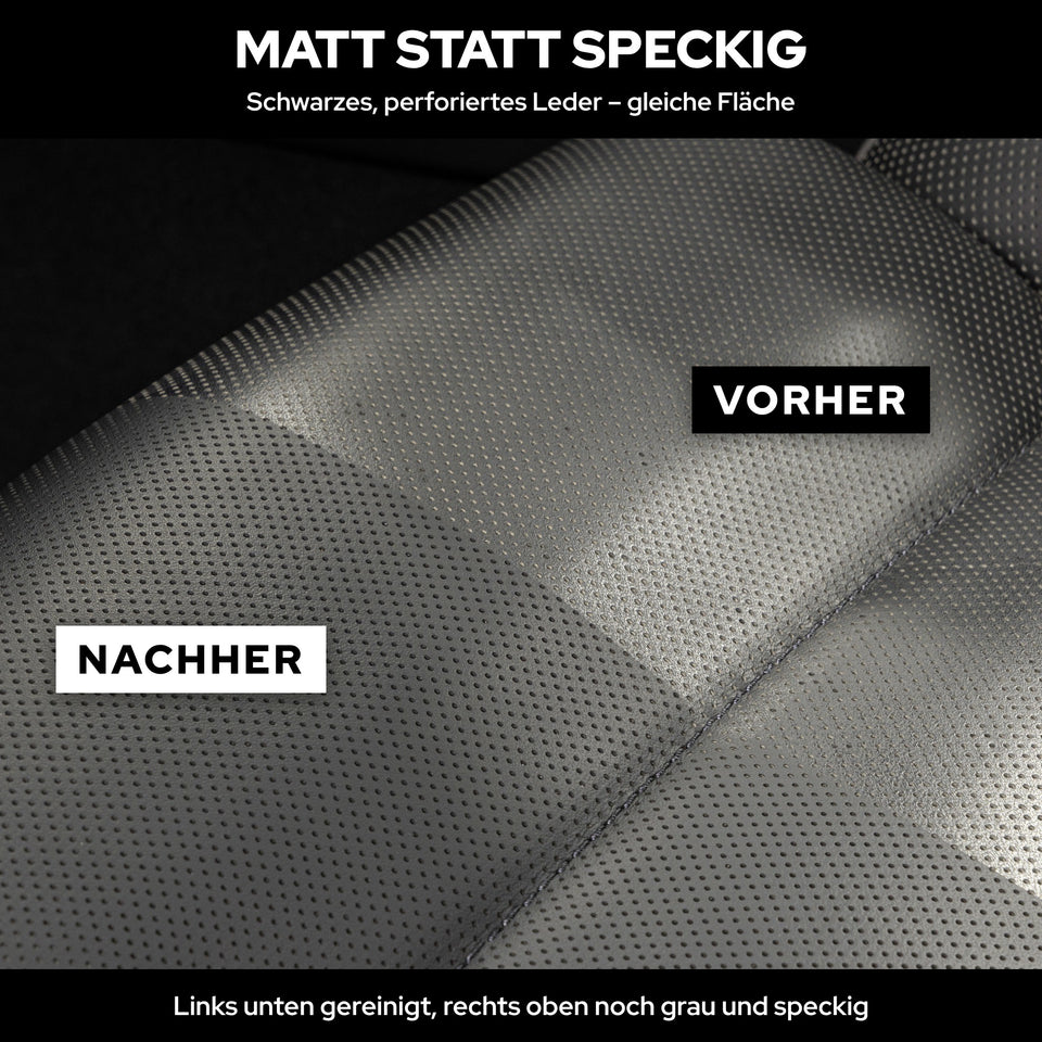 Schwarzes perforiertes Leder: links unten gereinigt, rechts oben noch grau und speckig