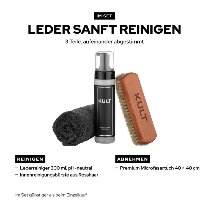Inhalt KULT Lederreiniger Set: Lederreiniger 200 ml, Innenreinigungsbürste aus Rosshaar, Premium Microfasertuch