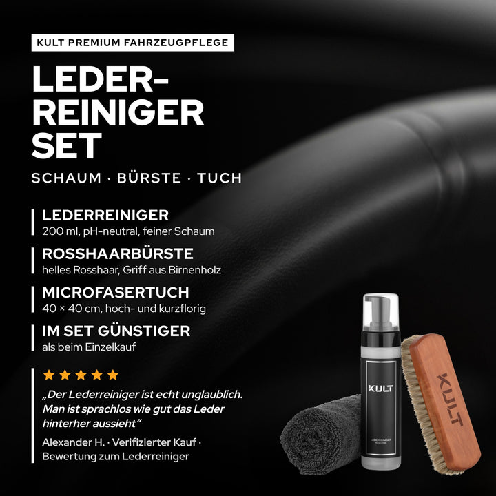 KULT Lederreiniger Set: Lederreiniger 200 ml pH-neutral, Rosshaarbürste und Microfasertuch, im Set günstiger