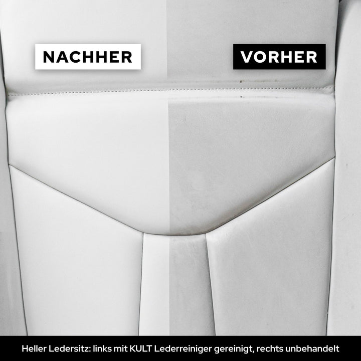 Vorher-Nachher am hellen Ledersitz: links mit KULT Lederreiniger gereinigt, rechts noch grau verschmutzt