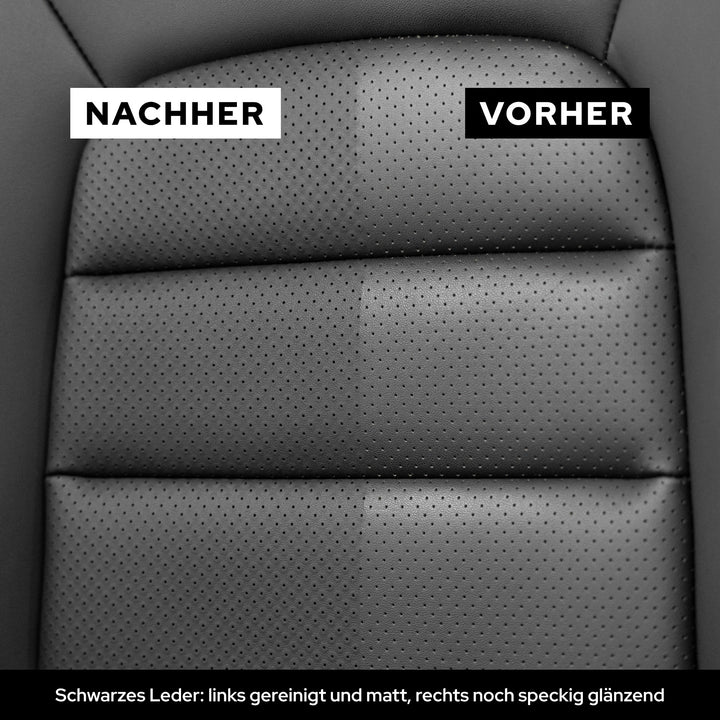 Vorher-Nachher an schwarzem perforiertem Leder: links mit KULT Lederreiniger matt gereinigt, rechts speckig