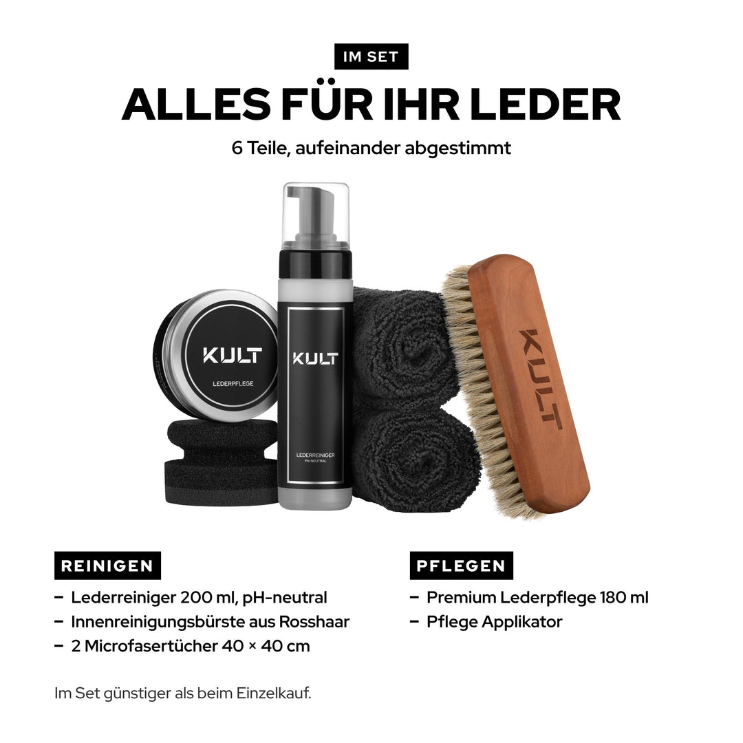 Inhalt KULT Lederreiniger & Lederpflege Set: Lederreiniger 200 ml, Rosshaarbürste, Lederpflege 180 ml, Applikator, 2 Tücher