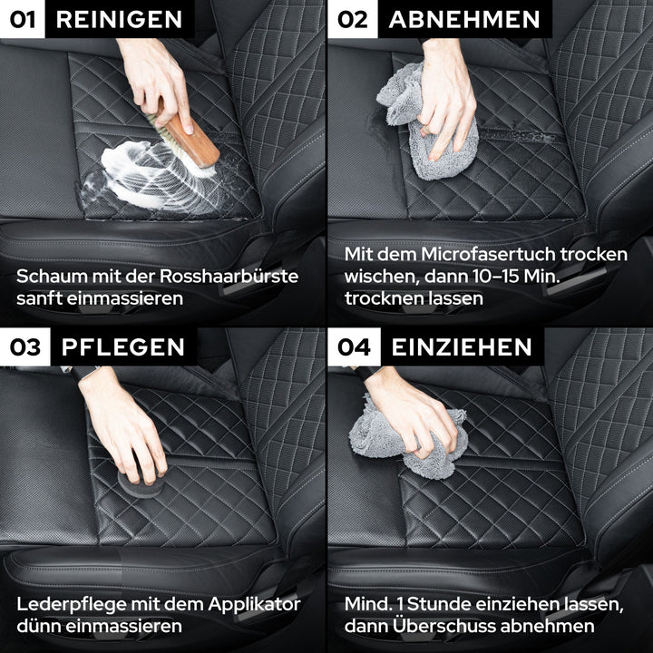 Lederpflege-Routine mit dem KULT Set am selben Ledersitz: reinigen, trocken abnehmen, Lederpflege auftragen, einziehen