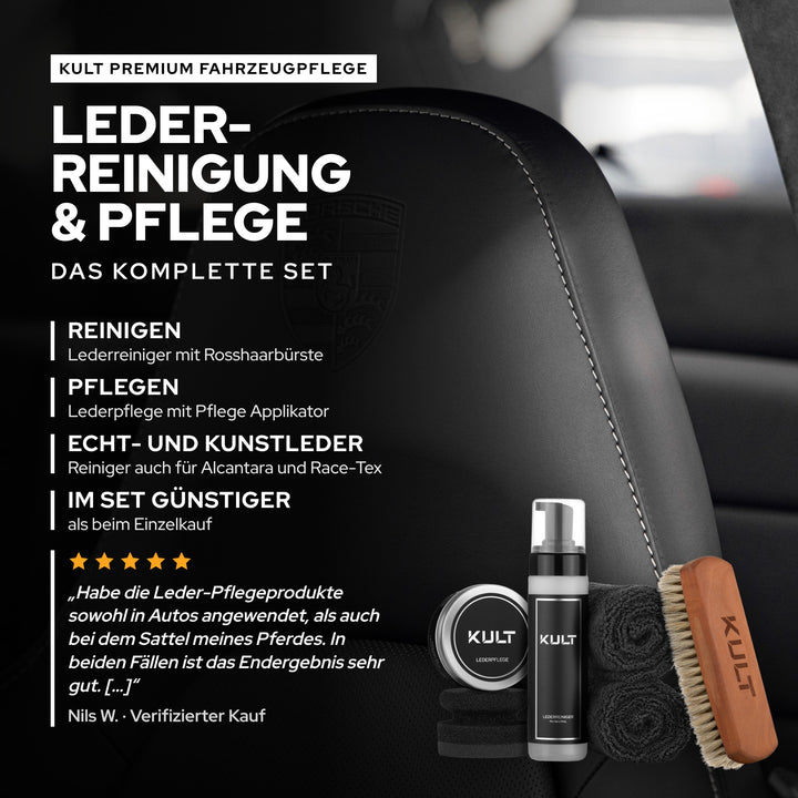 KULT Lederreiniger & Lederpflege Set: Lederreiniger, Rosshaarbürste, Lederpflege, Applikator und 2 Microfasertücher