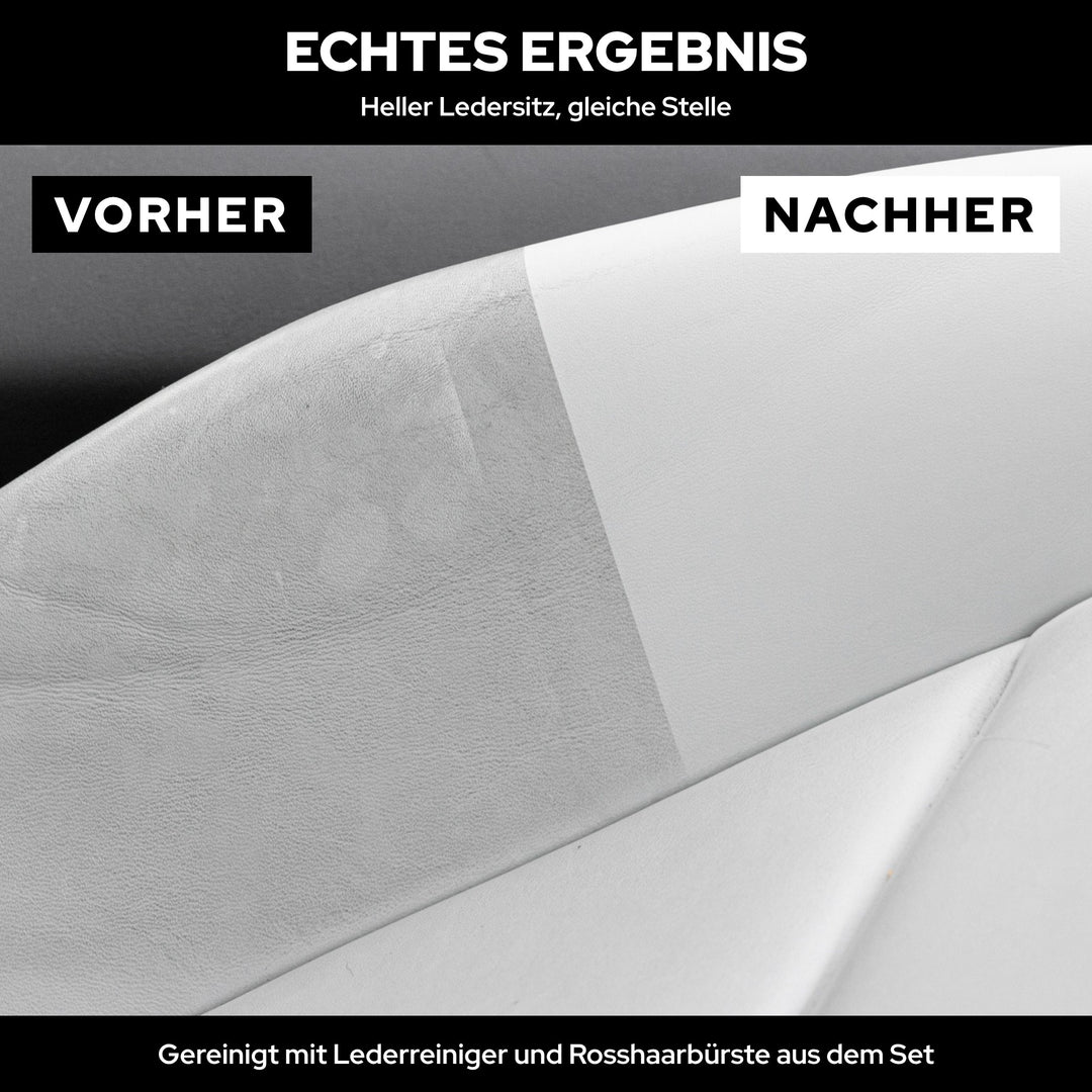 Vorher-Nachher mit Trennkante am hellgrauen Ledersitz: links verschmutzt, rechts mit KULT Lederreiniger gereinigt