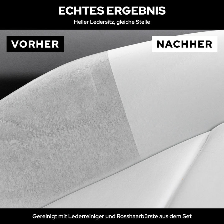 Vorher-Nachher mit Trennkante am hellgrauen Ledersitz: links verschmutzt, rechts mit KULT Lederreiniger gereinigt