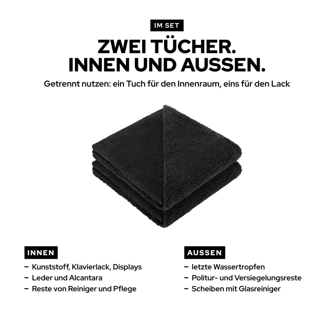 Zwei KULT Microfasertücher 40 × 40 cm: eins für den Innenraum, eins für Lack und Scheiben