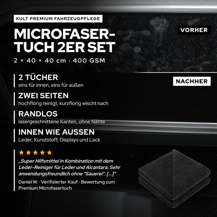 KULT Premium Mikrofasertuch 2er Set: zwei Tücher 40 × 40 cm mit 400 GSM für innen und außen