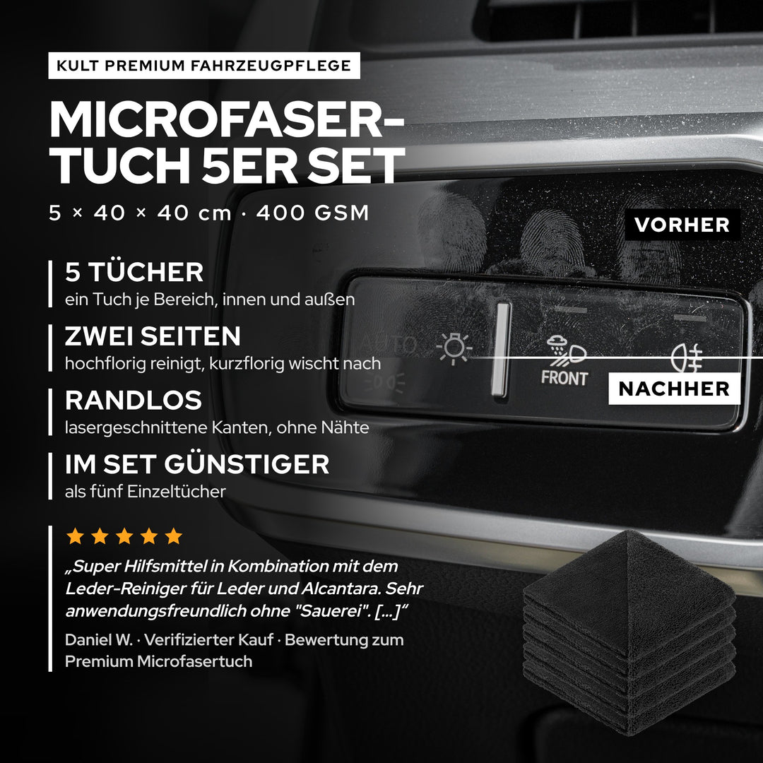KULT Premium Microfasertuch 5er Set: fünf Tücher 40 × 40 cm mit 400 GSM für Innenraum und Lack