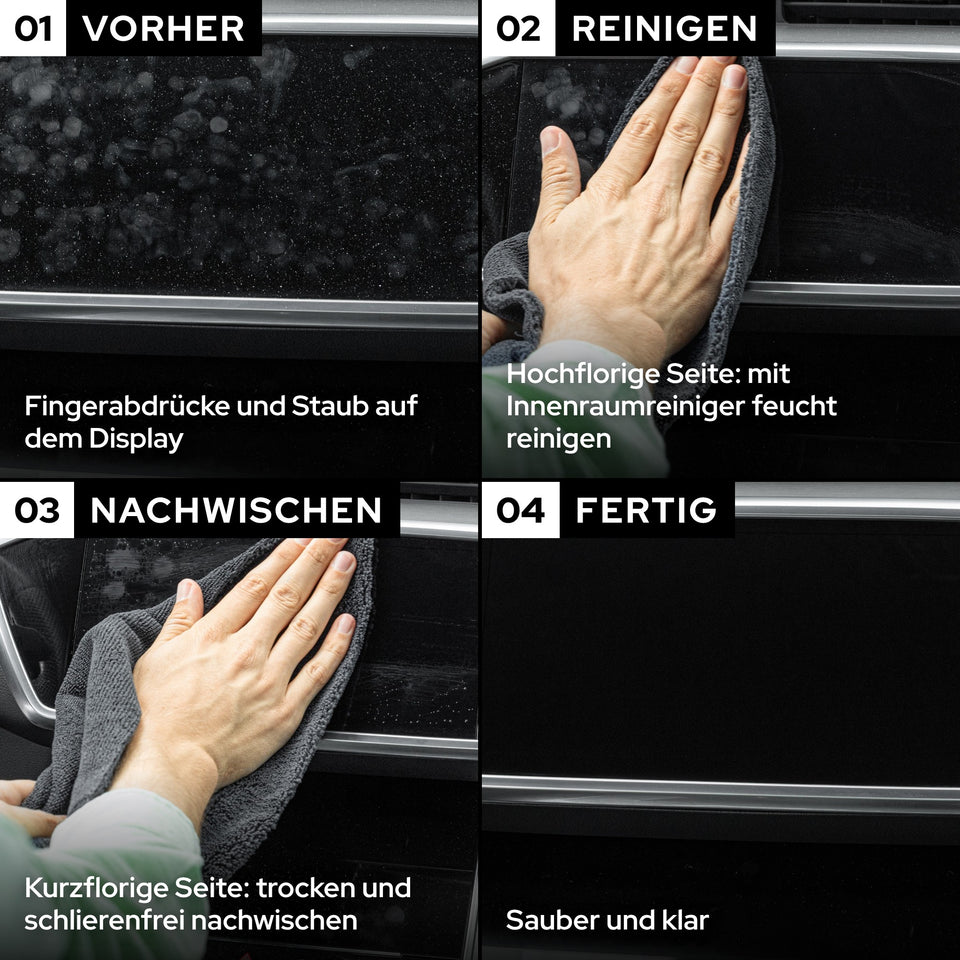 Display in vier Schritten: vorher, mit der hochflorigen Seite feucht reinigen, mit der kurzflorigen Seite nachwischen, sauber