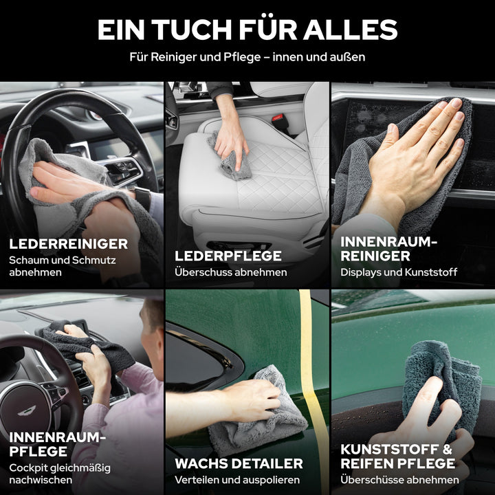 KULT Microfasertuch mit Lederreiniger, Lederpflege, Innenraumreiniger, Innenraumpflege, Wachs Detailer und Reifenpflege