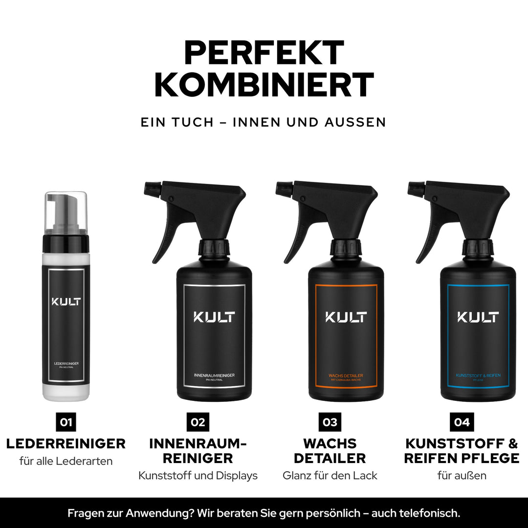 KULT Microfasertuch kombiniert mit Lederreiniger, Innenraumreiniger, Wachs Detailer und Kunststoff & Reifen Pflege