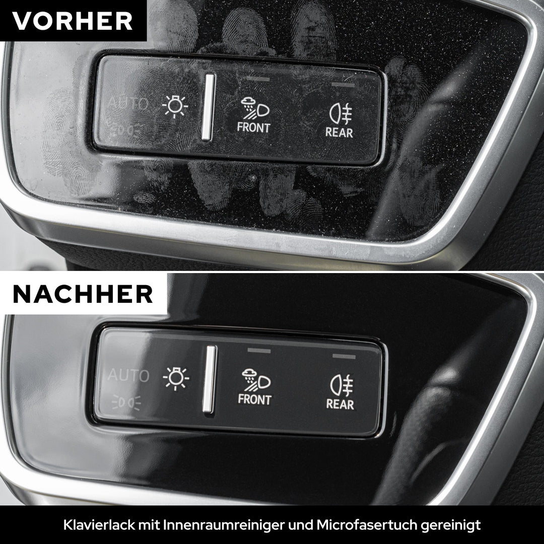 Vorher/Nachher: Klavierlack-Blende im Auto mit Fingerabdrücken und danach sauber mit dem KULT Microfasertuch