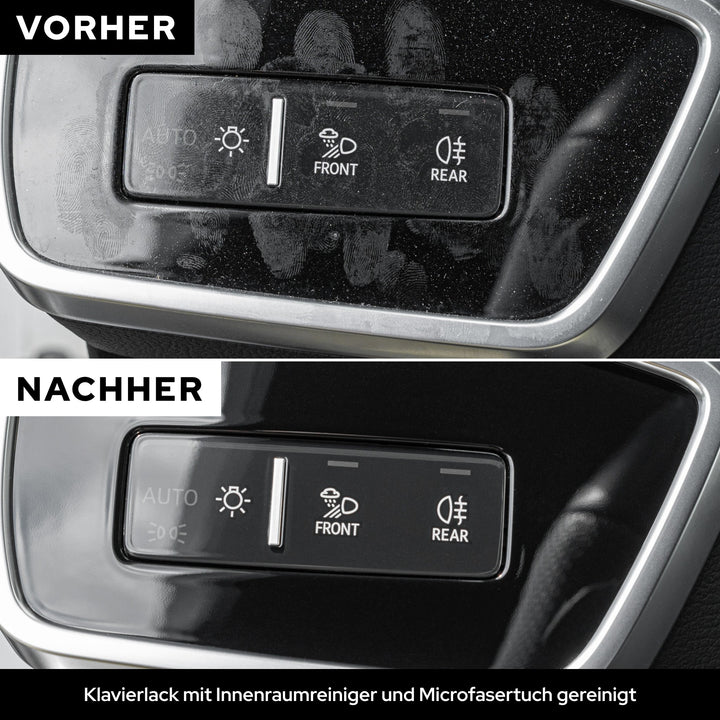Vorher/Nachher: Klavierlack-Blende im Auto mit Fingerabdrücken und danach sauber mit dem KULT Microfasertuch