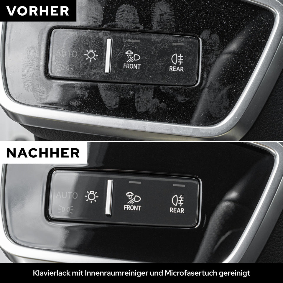 Vorher/Nachher: Klavierlack-Blende im Auto mit Fingerabdrücken und danach sauber mit dem KULT Microfasertuch