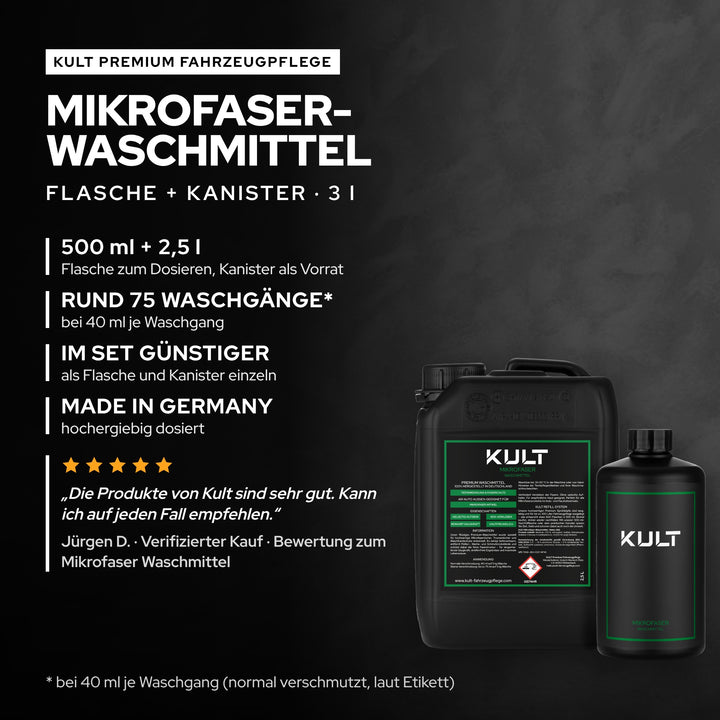 KULT Mikrofaser Waschmittel Set aus 500-ml-Flasche und 2,5-l-Kanister: rund 75 Waschgänge, im Set günstiger