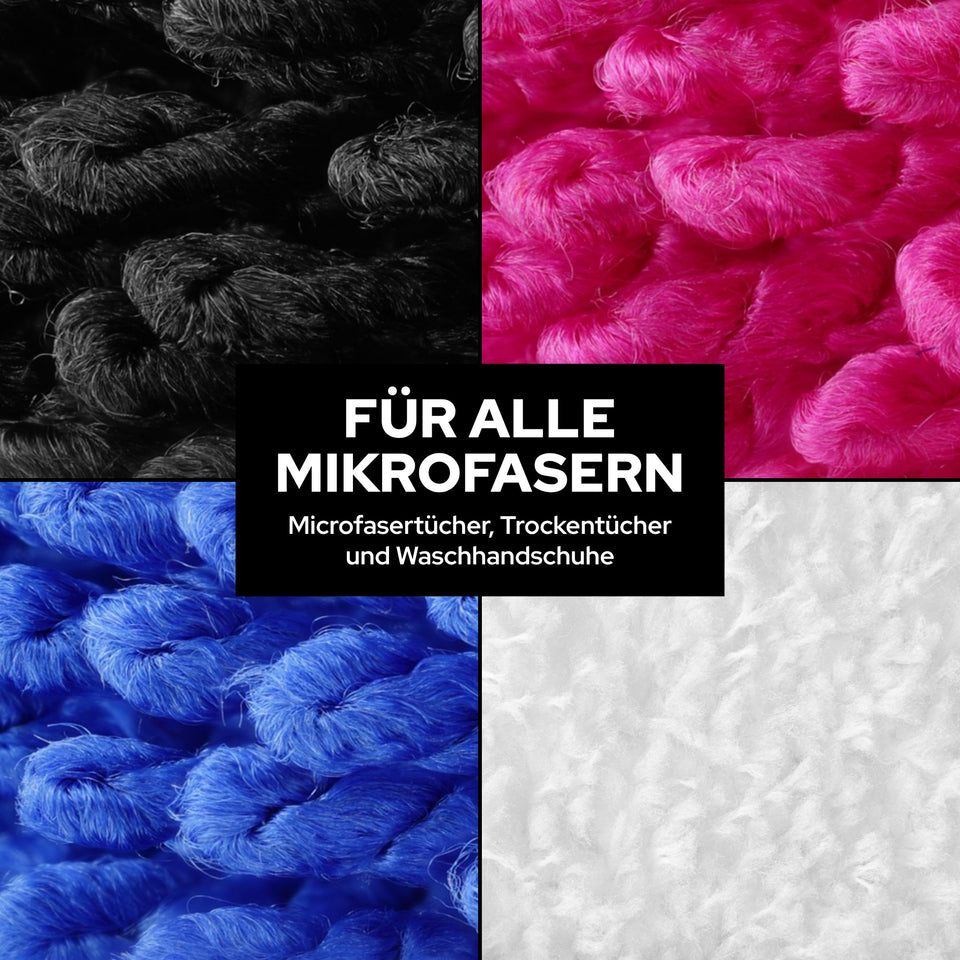 Vier Nahaufnahmen von Mikrofaser in Schwarz, Pink, Blau und Weiß für Mikrofasertücher, Trockentücher und Waschhandschuhe