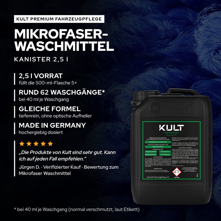 KULT Mikrofaser Waschmittel im 2,5-l-Kanister: rund 62 Waschgänge, füllt die 500-ml-Flasche 5×, Made in Germany