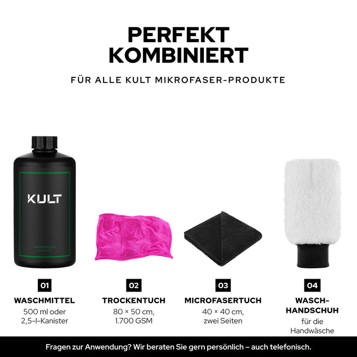 KULT Mikrofaser Waschmittel für Trockentuch, Premium Microfasertuch und Waschhandschuh