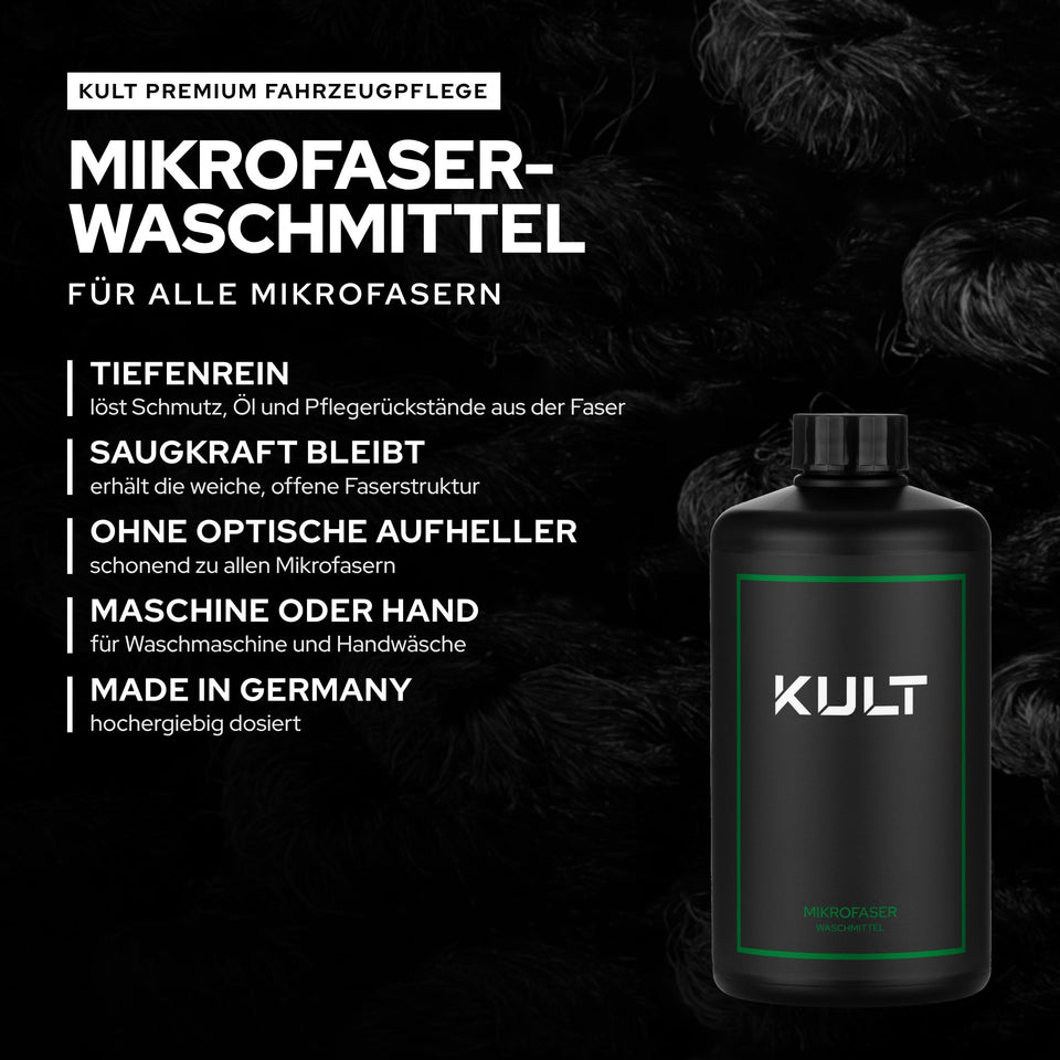 KULT Mikrofaser Waschmittel in der 500-ml-Flasche vor dunkler Mikrofaser, mit den Stichpunkten tiefenrein, Saugkraft bleibt, ohne optische Aufheller, Maschine oder Hand