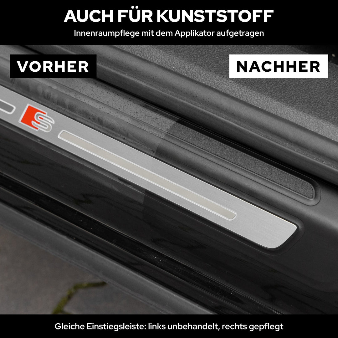 Vorher-Nachher an derselben Einstiegsleiste: links unbehandelt grau, rechts mit KULT Innenraumpflege und Applikator gepflegt