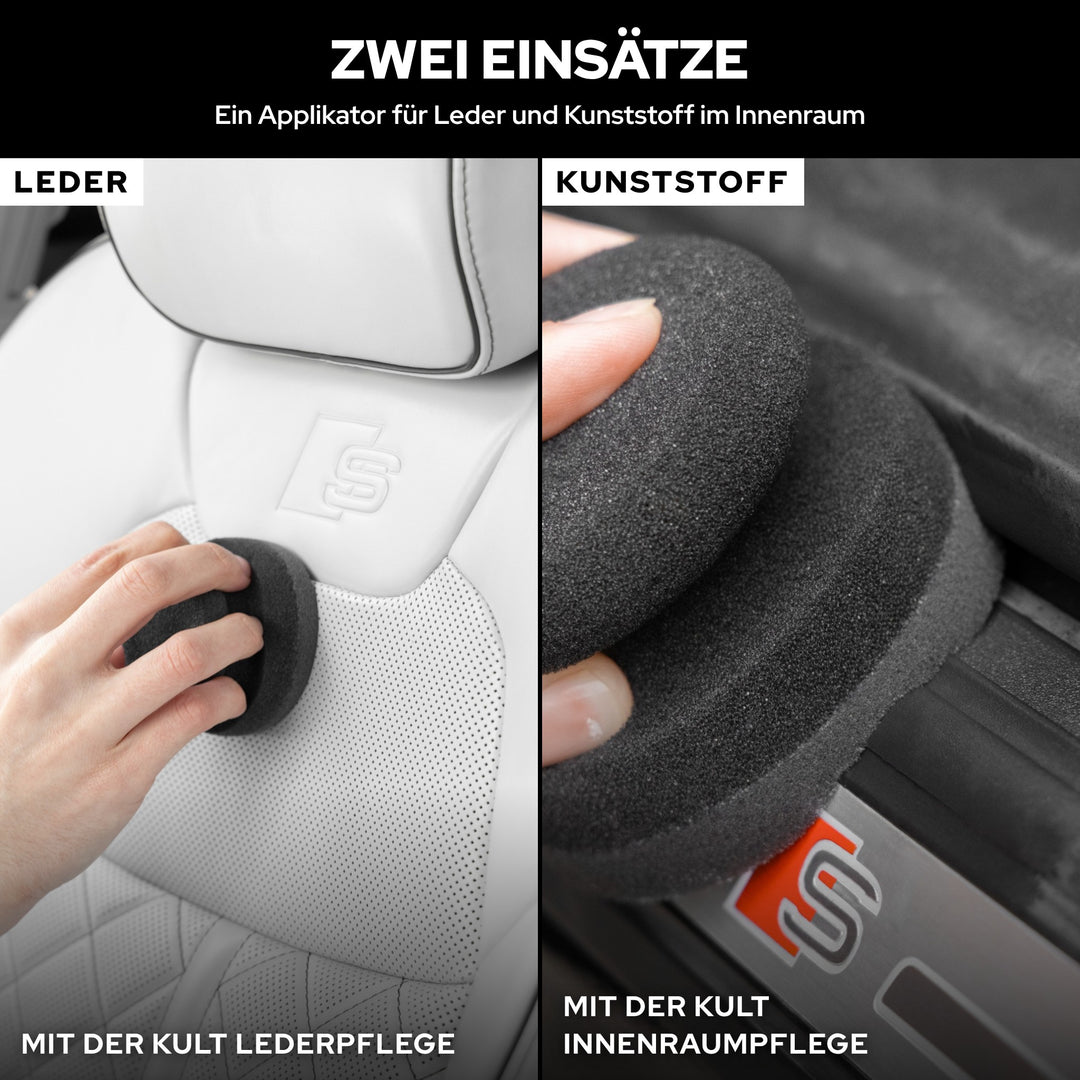 KULT Pflege Applikator: Lederpflege auf einem hellen Ledersitz und Innenraumpflege auf einer Kunststoff-Einstiegsleiste
