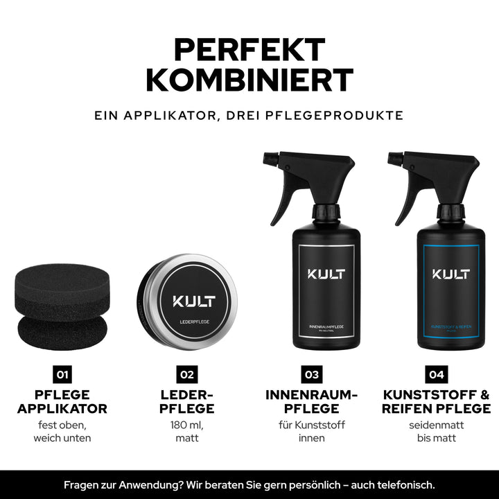 KULT Pflege Applikator mit Lederpflege, Innenraumpflege und Kunststoff & Reifen Pflege