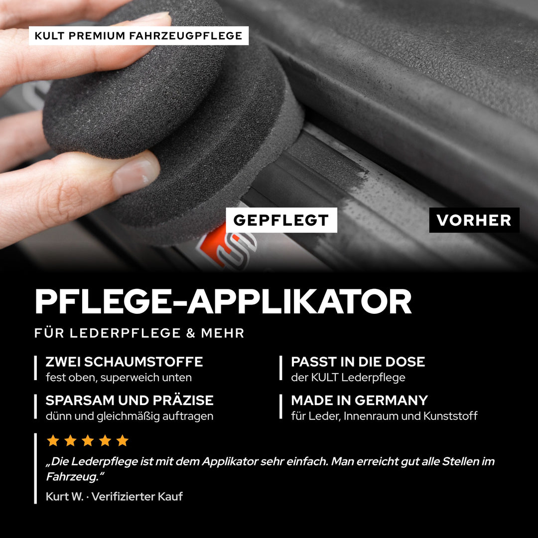 KULT Pflege Applikator trägt Pflege dünn auf eine Einstiegsleiste auf: links gepflegt, rechts vorher, Made in Germany