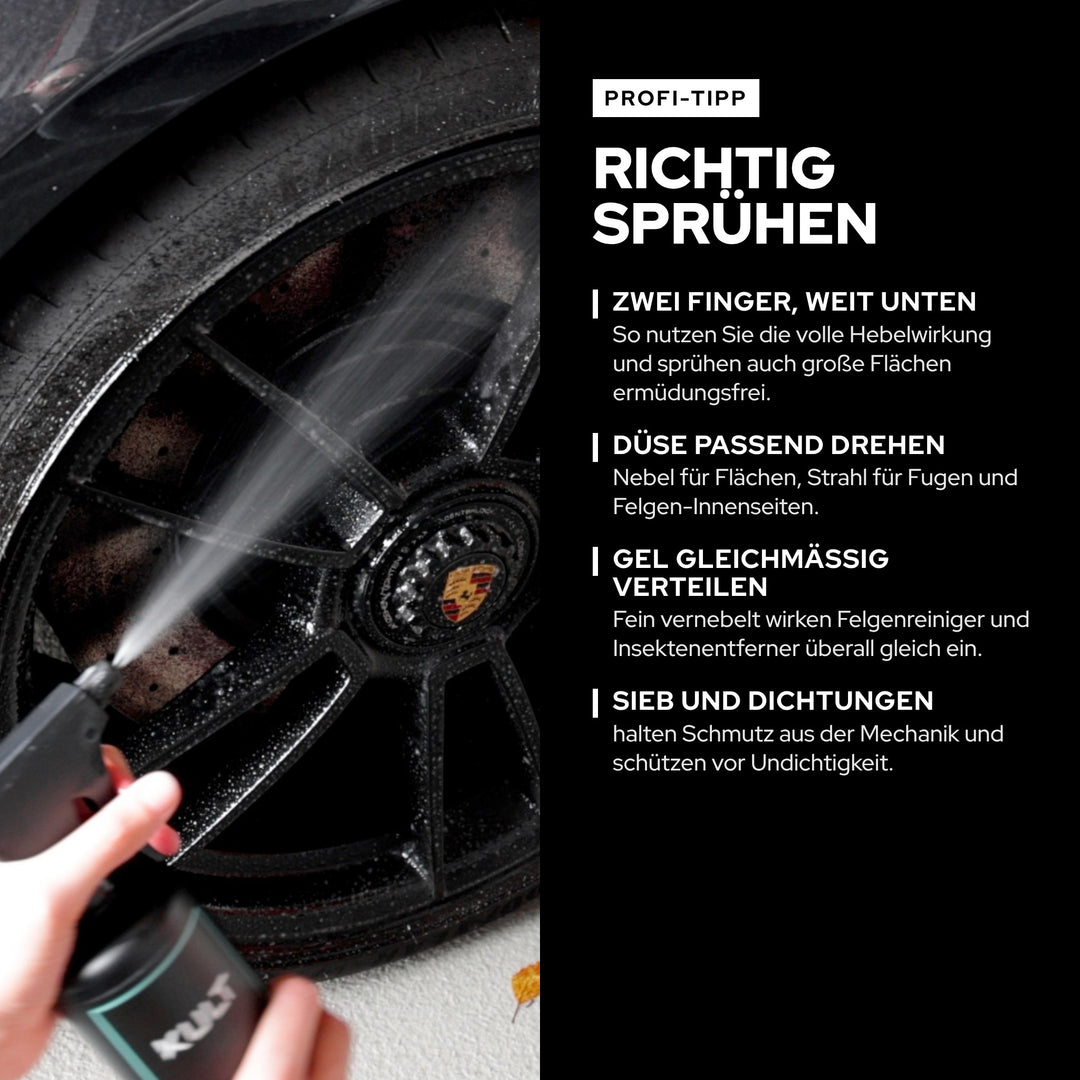 Profi-Tipp: KULT Sprühkopf mit zwei Fingern weit unten bedienen, Felgenreiniger fein auf die Felge sprühen