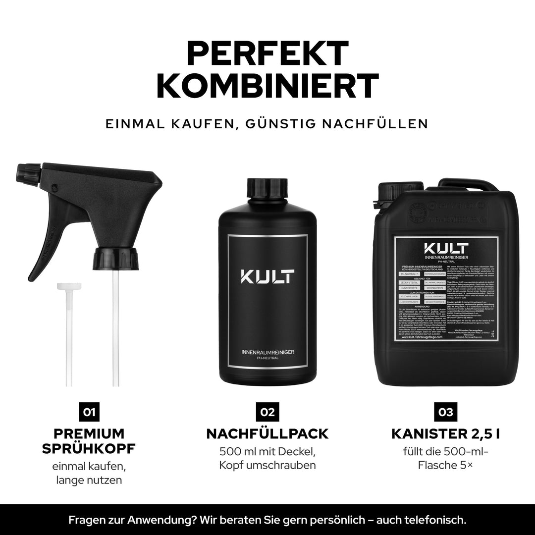 KULT Premium Sprühkopf mit Nachfüllpack 500 ml und 2,5-l-Kanister, z. B. Innenraumreiniger, günstig nachfüllen