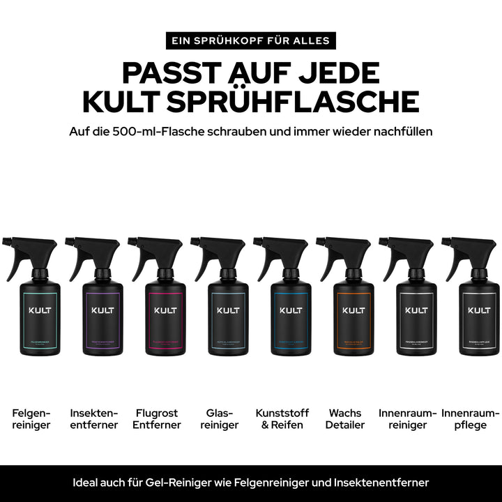 KULT Premium Sprühkopf passt auf alle KULT 500-ml-Sprühflaschen, vom Felgenreiniger bis zur Innenraumpflege