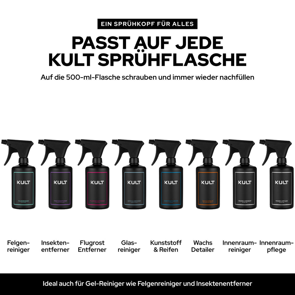 KULT Premium Sprühkopf passt auf die KULT 500-ml-Sprühflaschen, vom Felgenreiniger bis zur Innenraumpflege