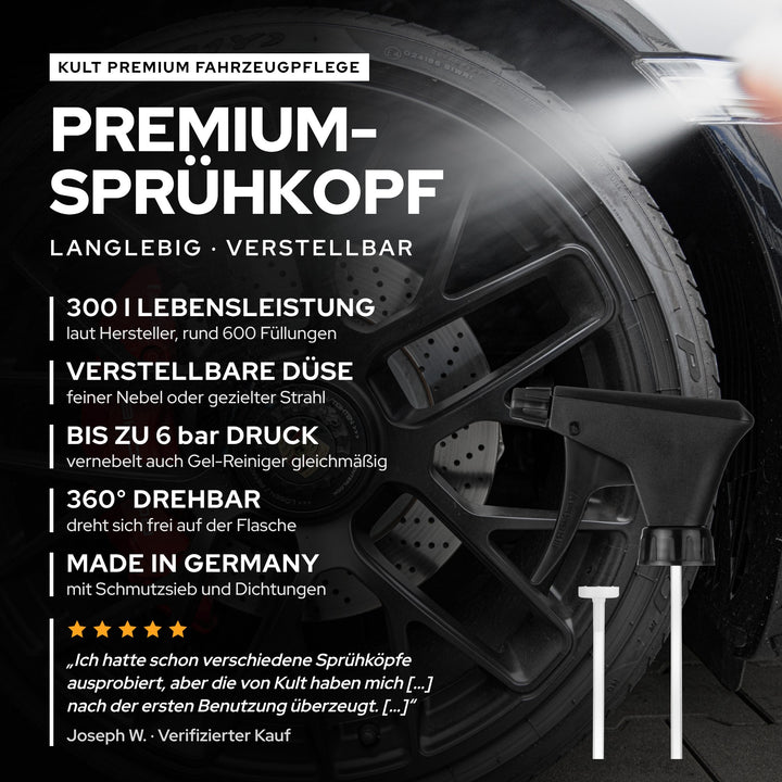 KULT Premium Sprühkopf: rund 300 l Lebensleistung, verstellbare Düse, bis 6 bar, 360° drehbar, Made in Germany