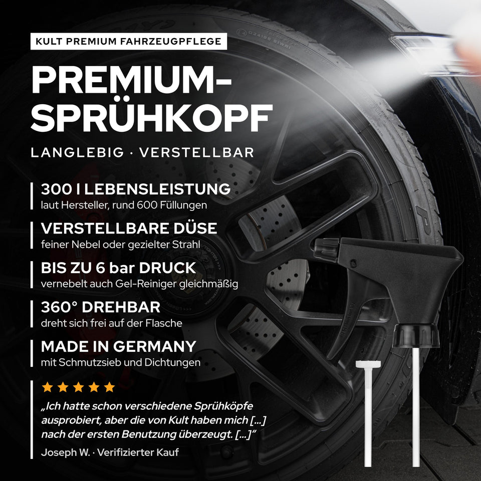 KULT Premium Sprühkopf: rund 300 l Lebensleistung laut Hersteller, verstellbare Düse, 360° drehbar, Made in Germany