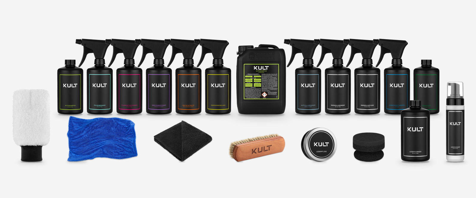 KULT Produkte im Überblick: Reiniger, Pflegeprodukte, Kanister, Mikrofasertücher, Rosshaarbürste, Lederpflege und Lederreiniger mit Nachfüllflasche