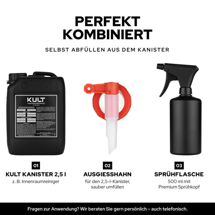 KULT Sprühflasche 500 ml mit 2,5-l-Kanister und Kanister-Ausgießhahn zum sauberen Selbstabfüllen